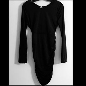 INFINITY LBD BLACK RUCHED LOW OPEN BACK DRESS SIZE L NWT